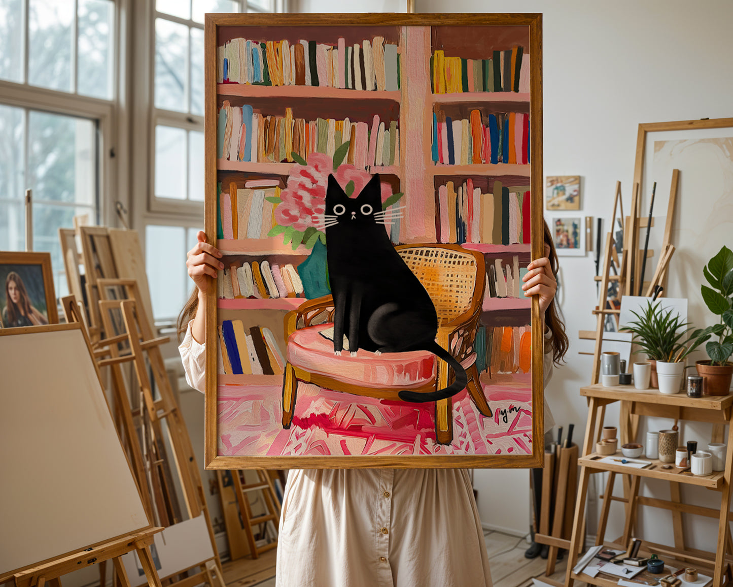 Black Tuxedo Cat in Cozy Library Art Print Whimsical Cute Cat Illustration Home Decor
