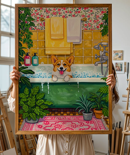 Illustration of a happy corgi taking a bubble bath in a vintage plant filled bathroom with floral wallpaper and cozy cottage details.