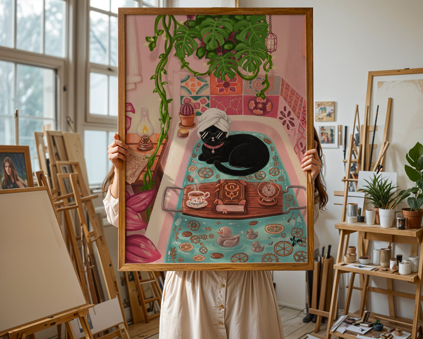 Black Cat Relaxing Bath Art whimsical bathroom decor cozy pink bathtub illustration Poster