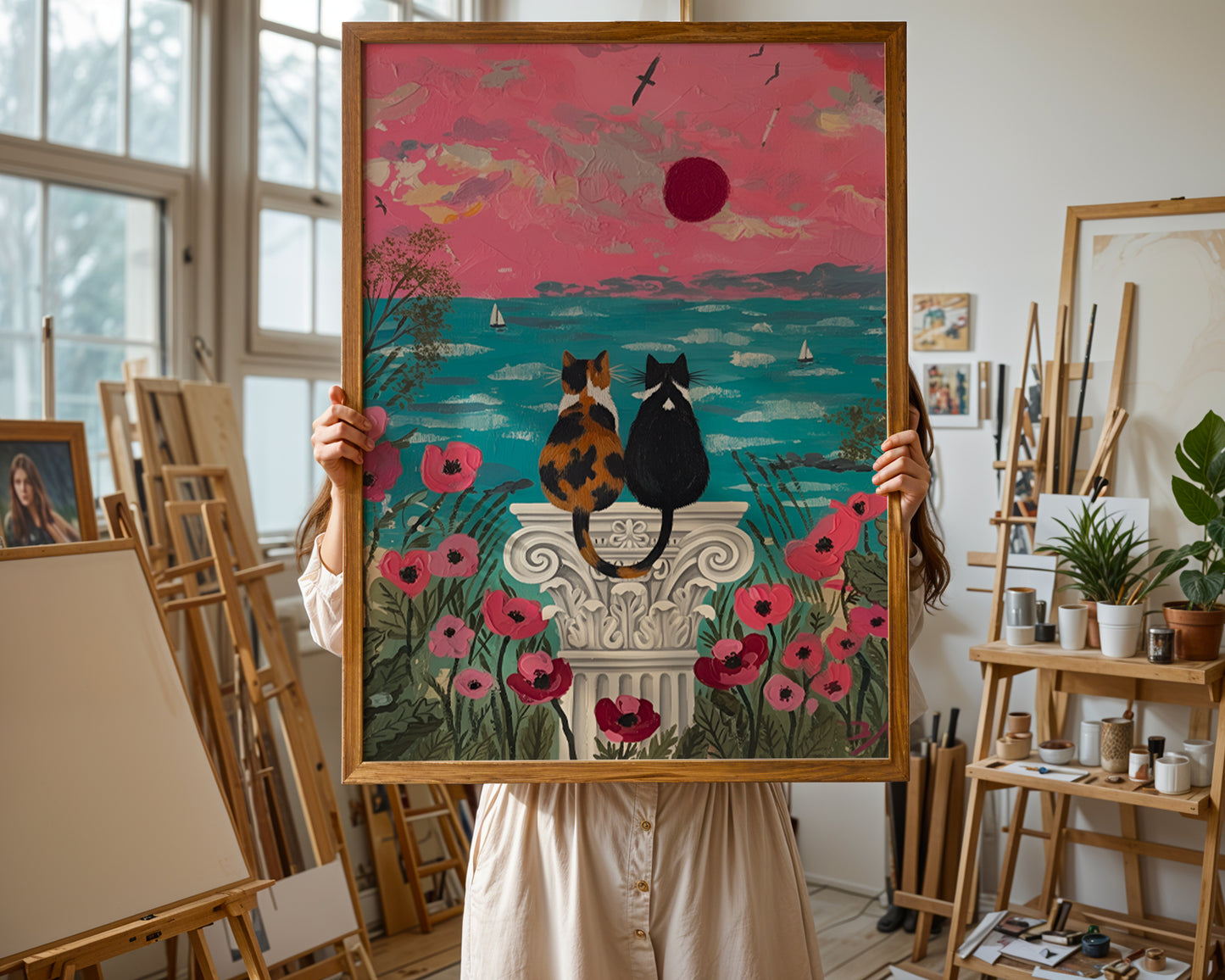 Two cats watching a seaside sunset floral garden painting coastal romantic cat art by YunaMoona