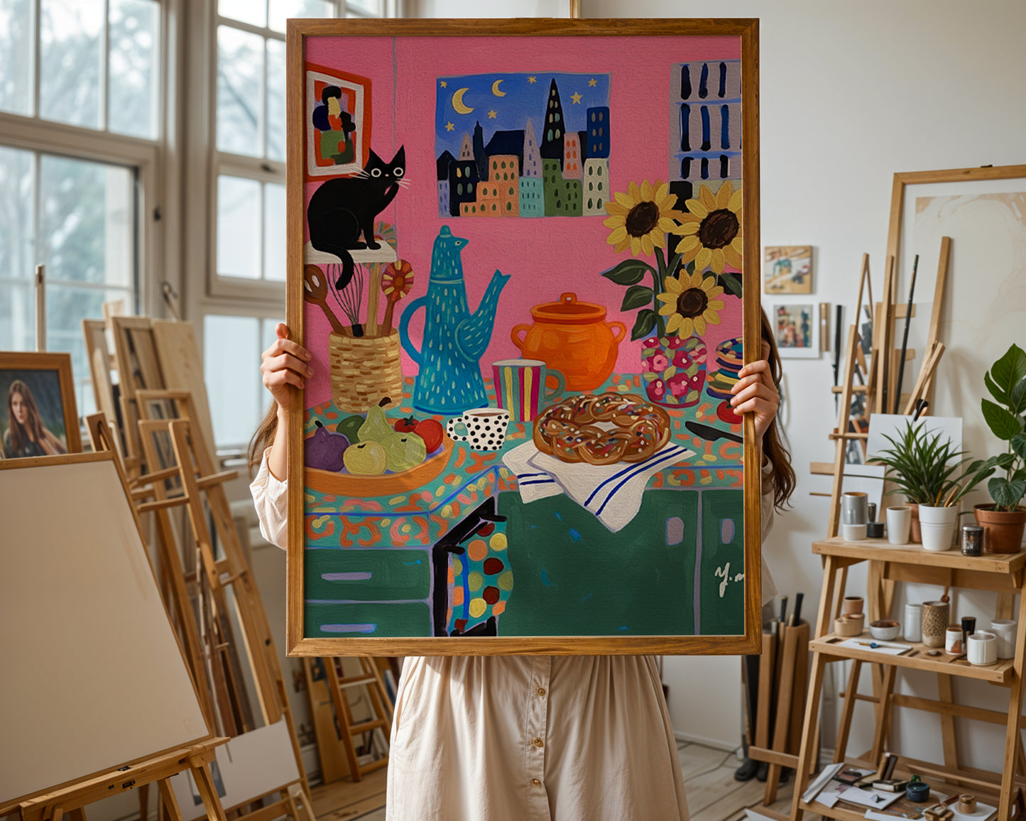 Colorful Whimsical Kitchen Art with Black Cat Sunflowers and Pastry by YunaMoona Poster