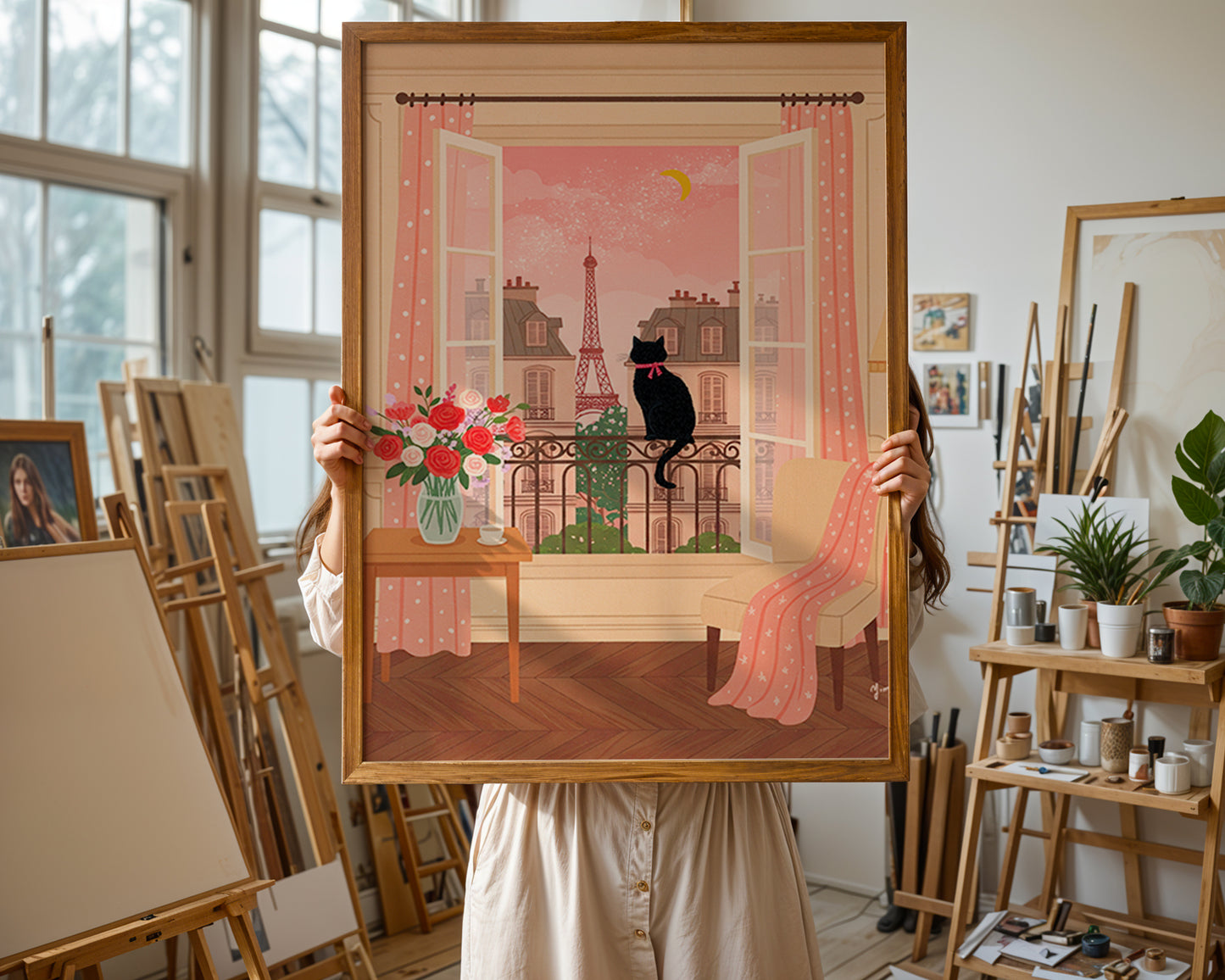 An illustration of a black cat with a pink ribbon sitting on a balcony, looking out at the Eiffel Tower through open windows, with pink curtains, flowers, and a cozy interior