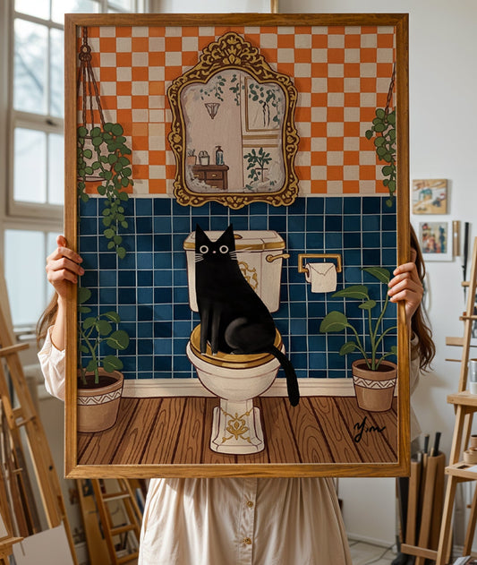 Whimsical Bathroom Illustration with Black Cat and Vintage Decor Print Poster