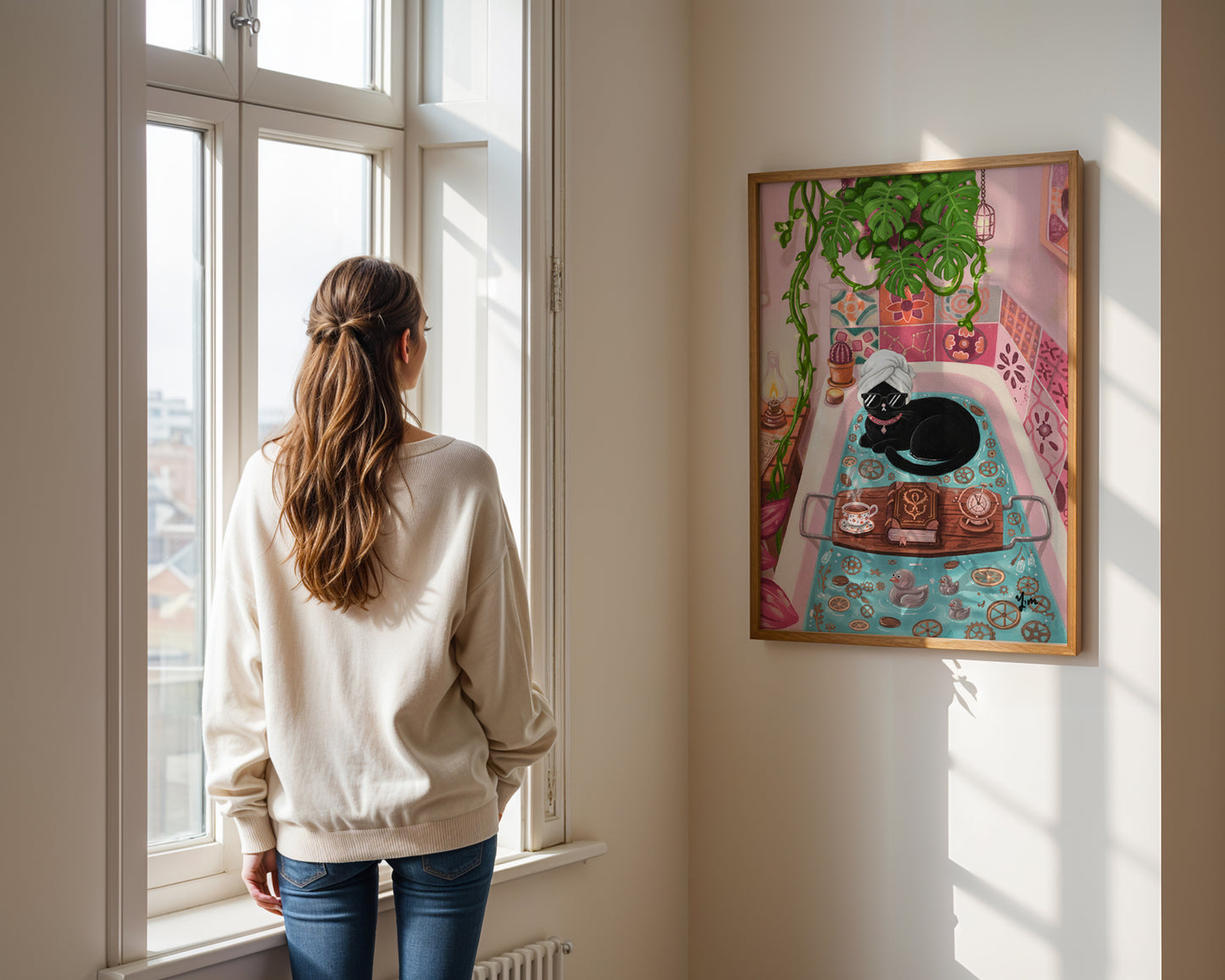 Black Cat Relaxing Bath Art whimsical bathroom decor cozy pink bathtub illustration Poster