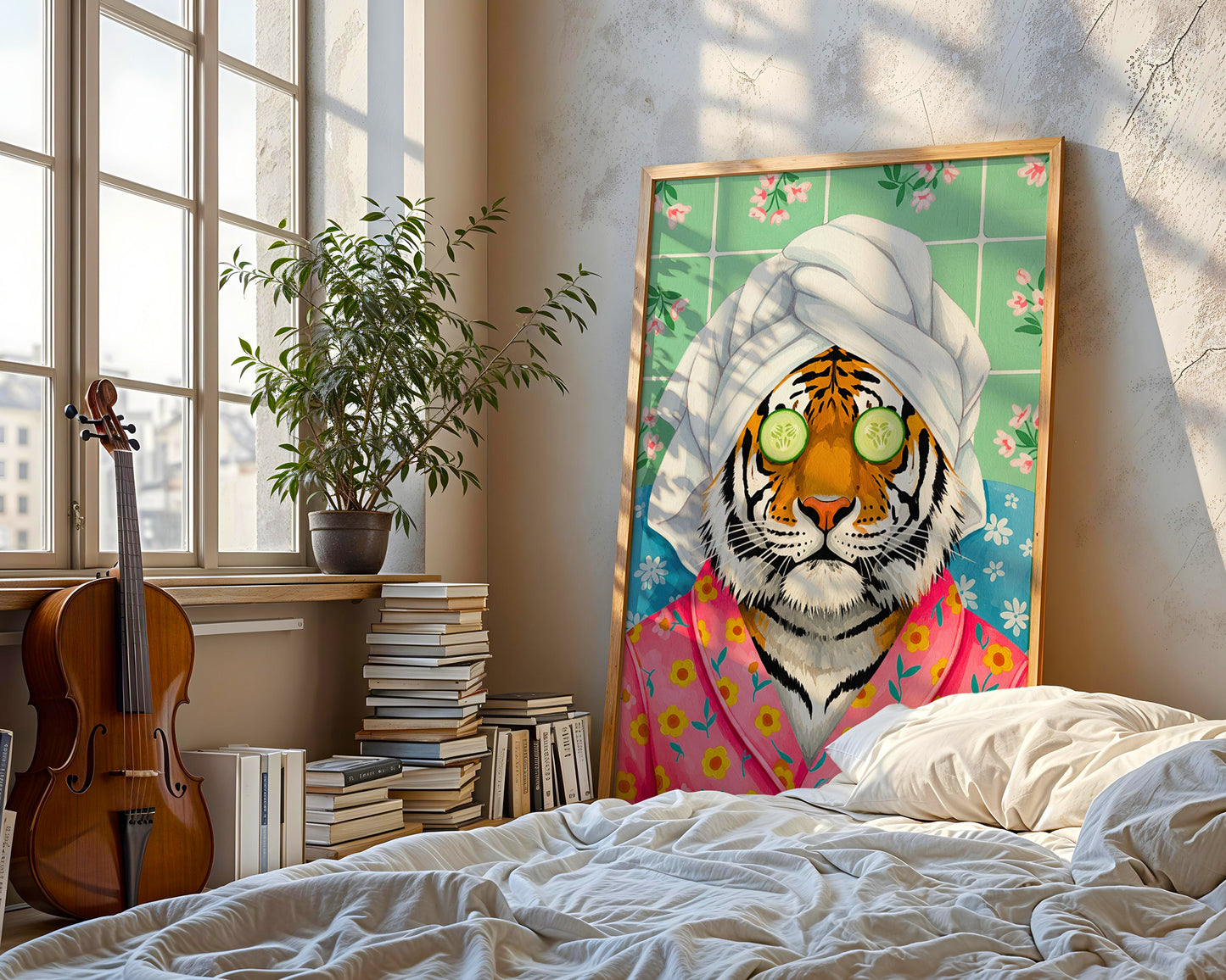 Spa tiger in floral robe relaxing with cucumber mask whimsical animal art by YunaMoona