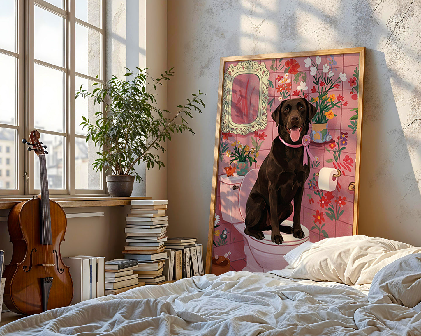Whimsical chocolate lab bathroom art print pink floral illustration funny dog artwork home decor wall art Poster