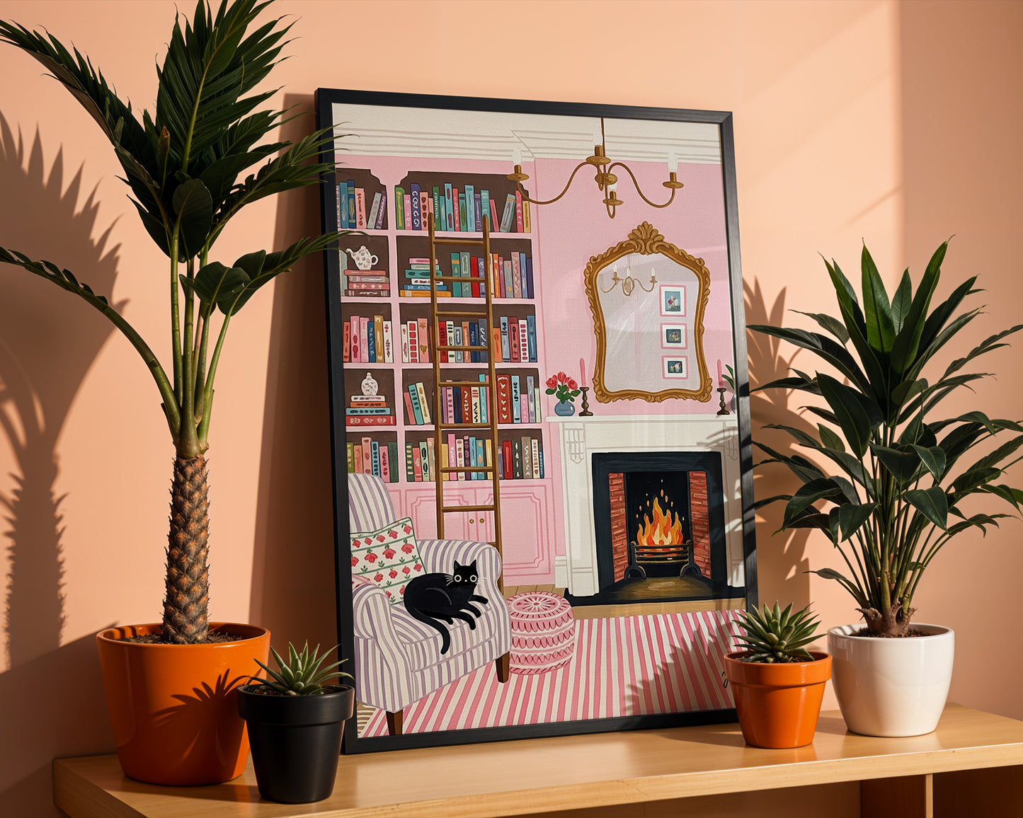 Cozy Pink Reading Room Illustration with Black Cat and Fireplace Poster