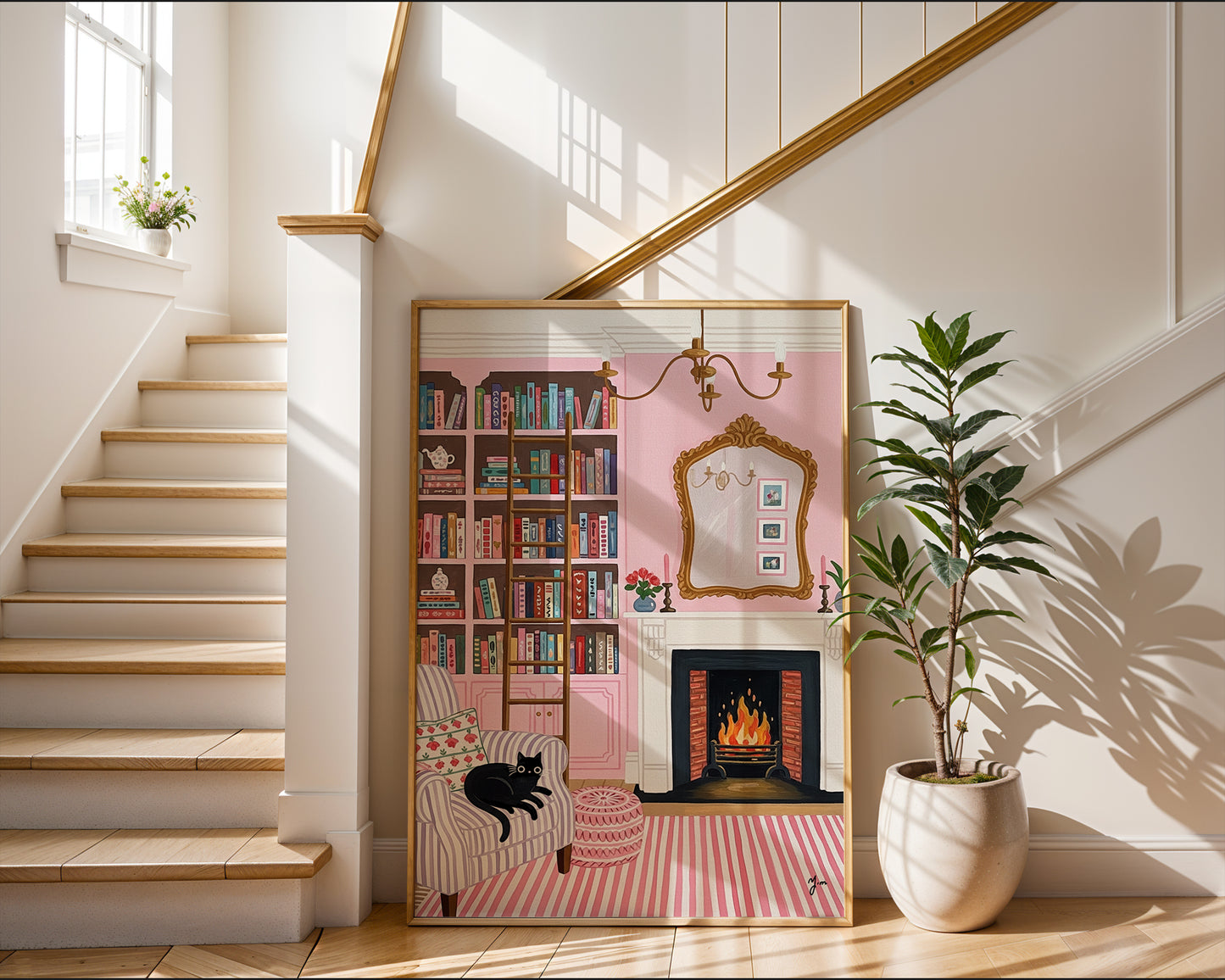 Cozy Pink Reading Room Illustration with Black Cat and Fireplace Poster