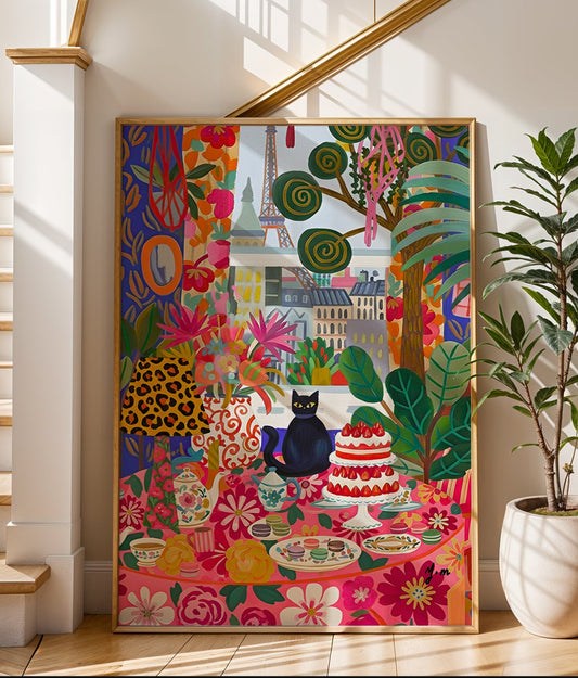 Paris tea party scene with a black cat, floral table setting, and Eiffel Tower view in whimsical cottagecore style.