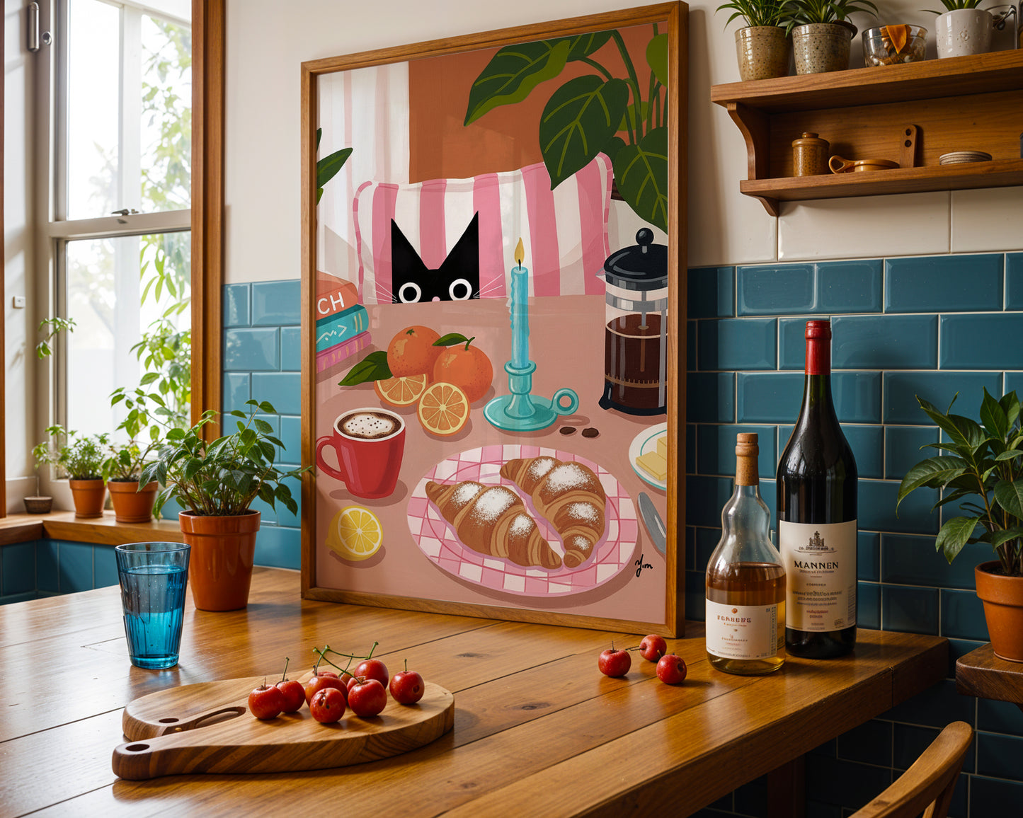 Cozy Cat Brunch Art Print with Croissants Coffee and Candle Kitchen Wall Decor by Yunamoona