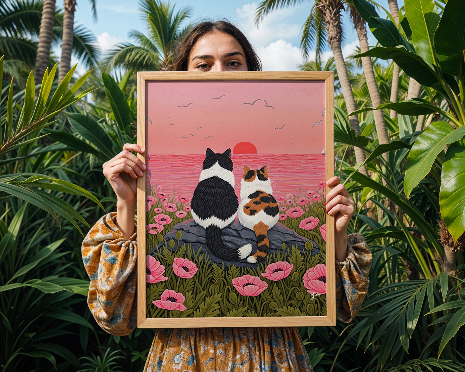 two cats sitting on a rock surrounded by pink poppies, gazing at the dreamy sunset over a pink ocean, this piece captures the beauty of companionship and nature. Perfect for cat lovers and nature enthusiasts, this artwork makes a heartwarming gift or a unique decor item for any room. Printed with vibrant colors and fine detail, it’s available in multiple sizes to suit your style.