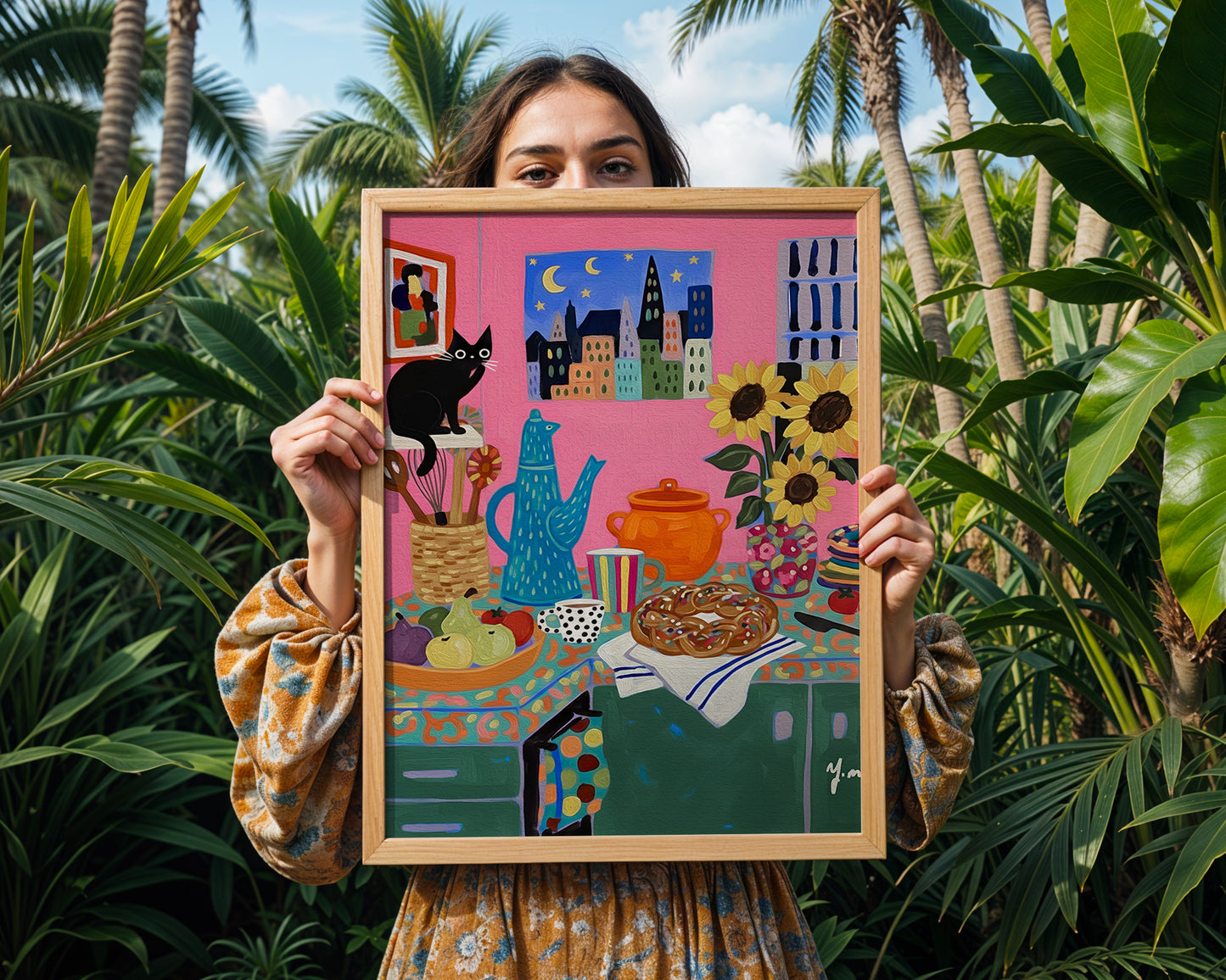 Colorful Whimsical Kitchen Art with Black Cat Sunflowers and Pastry by YunaMoona Poster