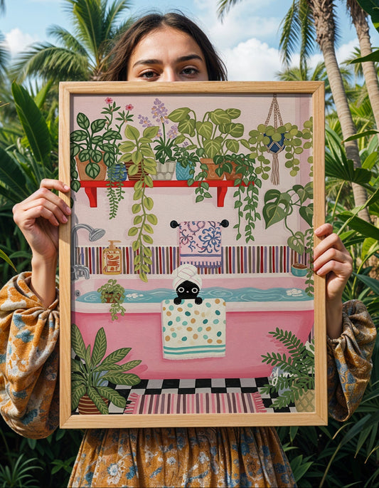 Whimsical Bathroom Illustration with Black Cat in Pink Bathtub and Plants Poster