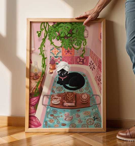 black cat relaxing in a pink bathtub whimsical bathroom art with plants tiles and cozy decor illustrated by YunaMoona