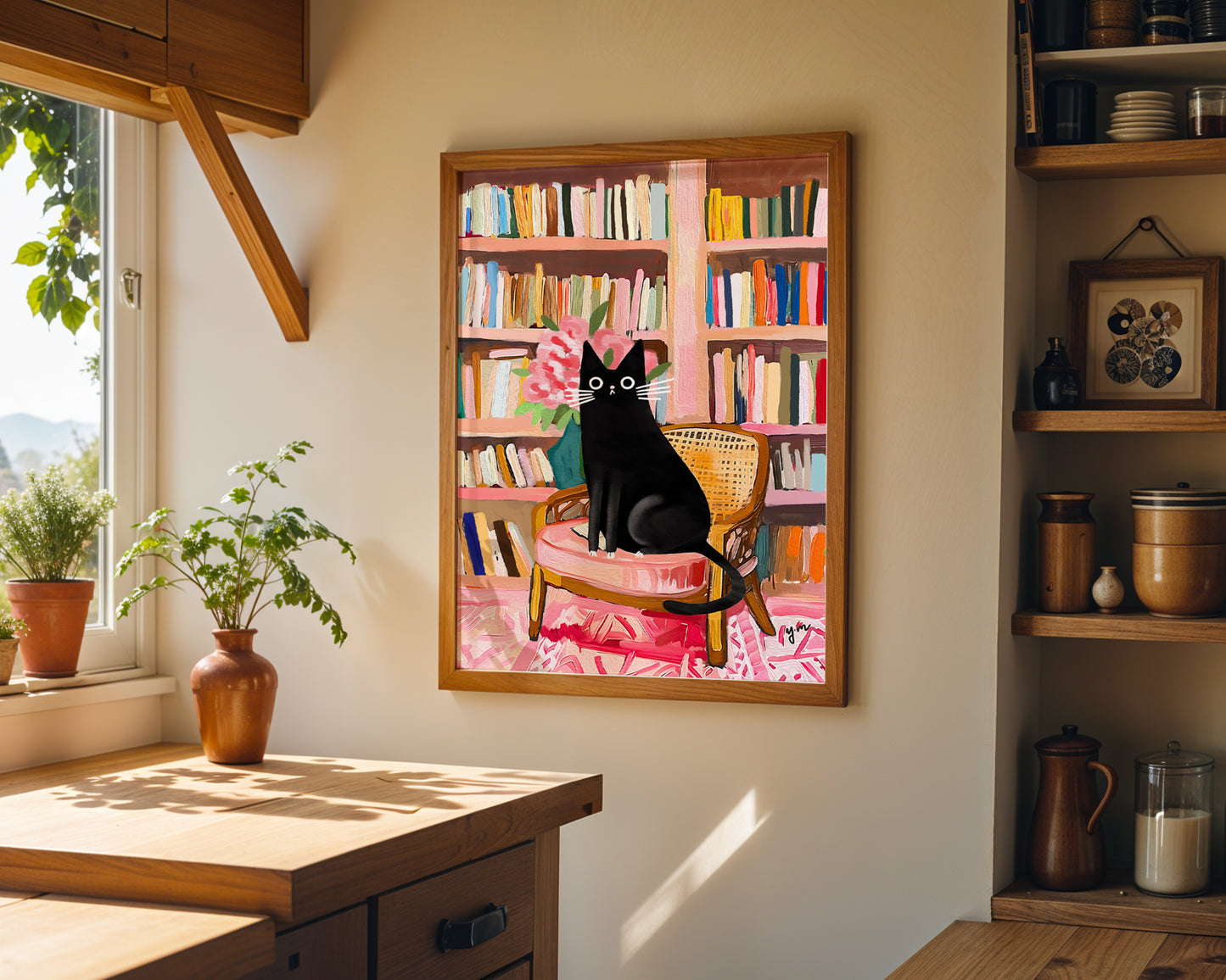 Black Tuxedo Cat in Cozy Library Art Print Whimsical Cute Cat Illustration Home Decor