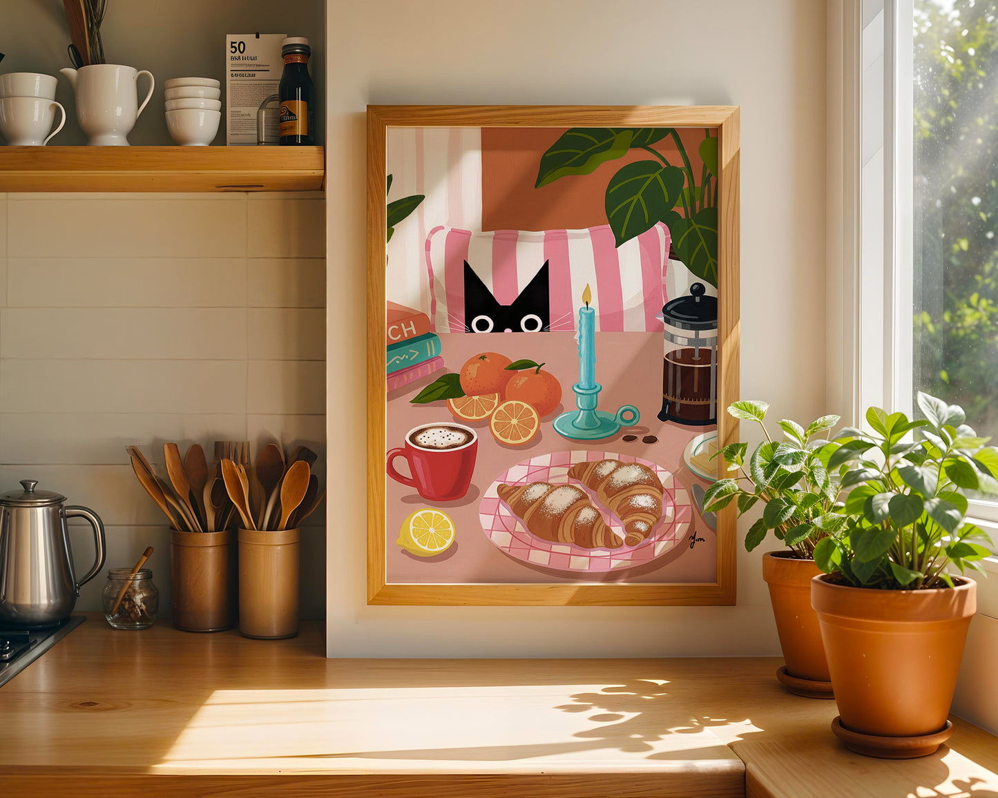 Cozy Cat Brunch Art Print with Croissants Coffee and Candle Kitchen Wall Decor by Yunamoona