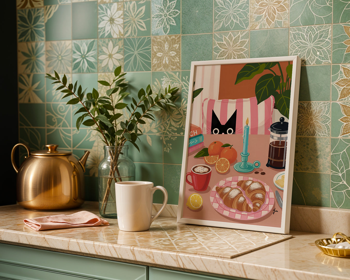 Cozy Cat Brunch Art Print with Croissants Coffee and Candle Kitchen Wall Decor by Yunamoona
