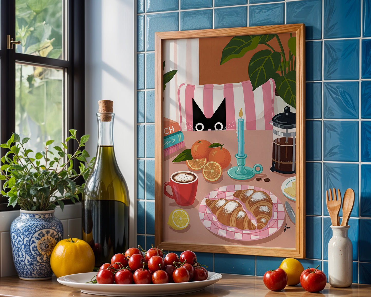 Cozy Cat Brunch Art Print with Croissants Coffee and Candle Kitchen Wall Decor by Yunamoona