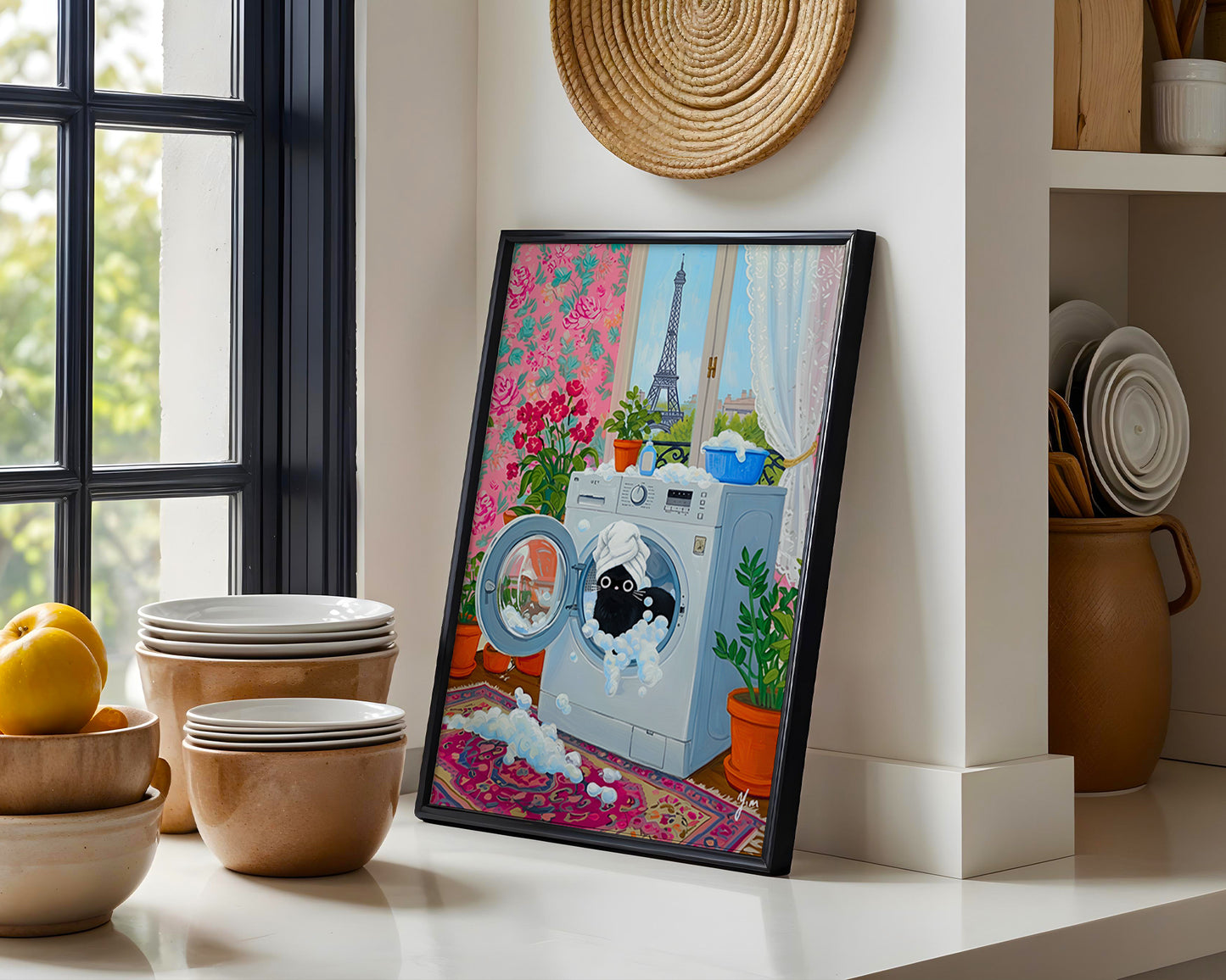 Whimsical Paris Laundry Room Art with Black Cat in Washing Machine by YunaMoona Poster