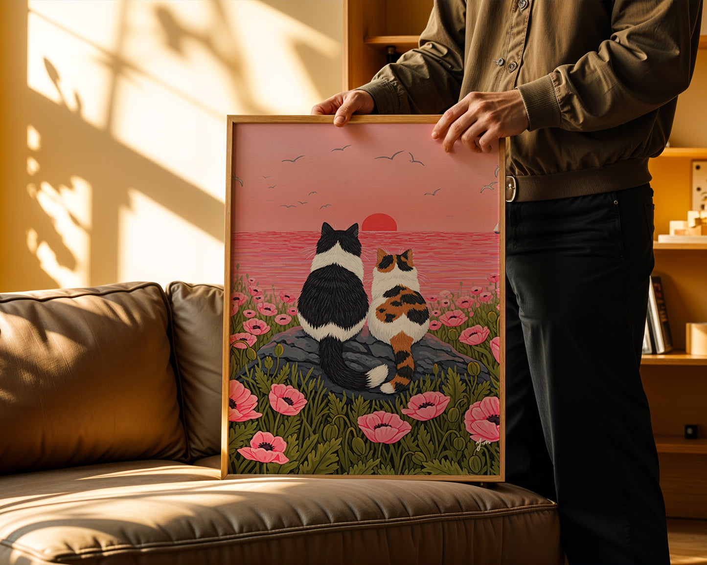 Cats Watching Sunset in Pink Flower Field by YunaMoona Cat Art Wall Decor Poster