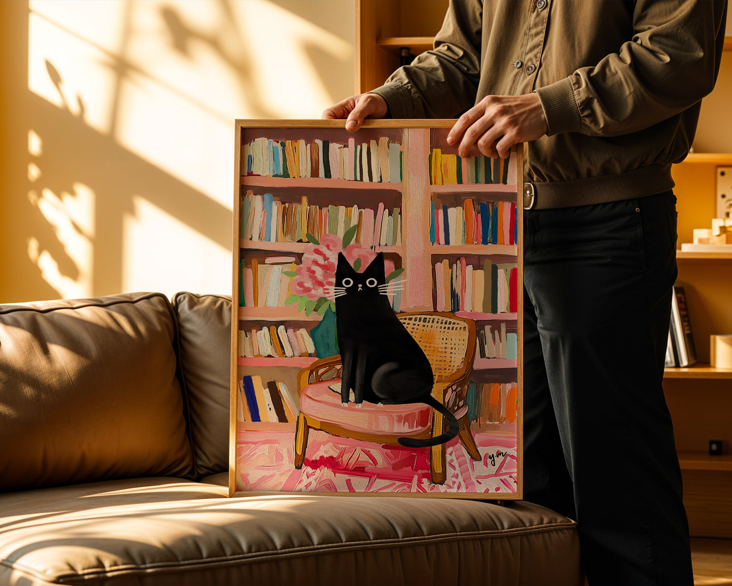 Black Tuxedo Cat in Cozy Library Art Print Whimsical Cute Cat Illustration Home Decor