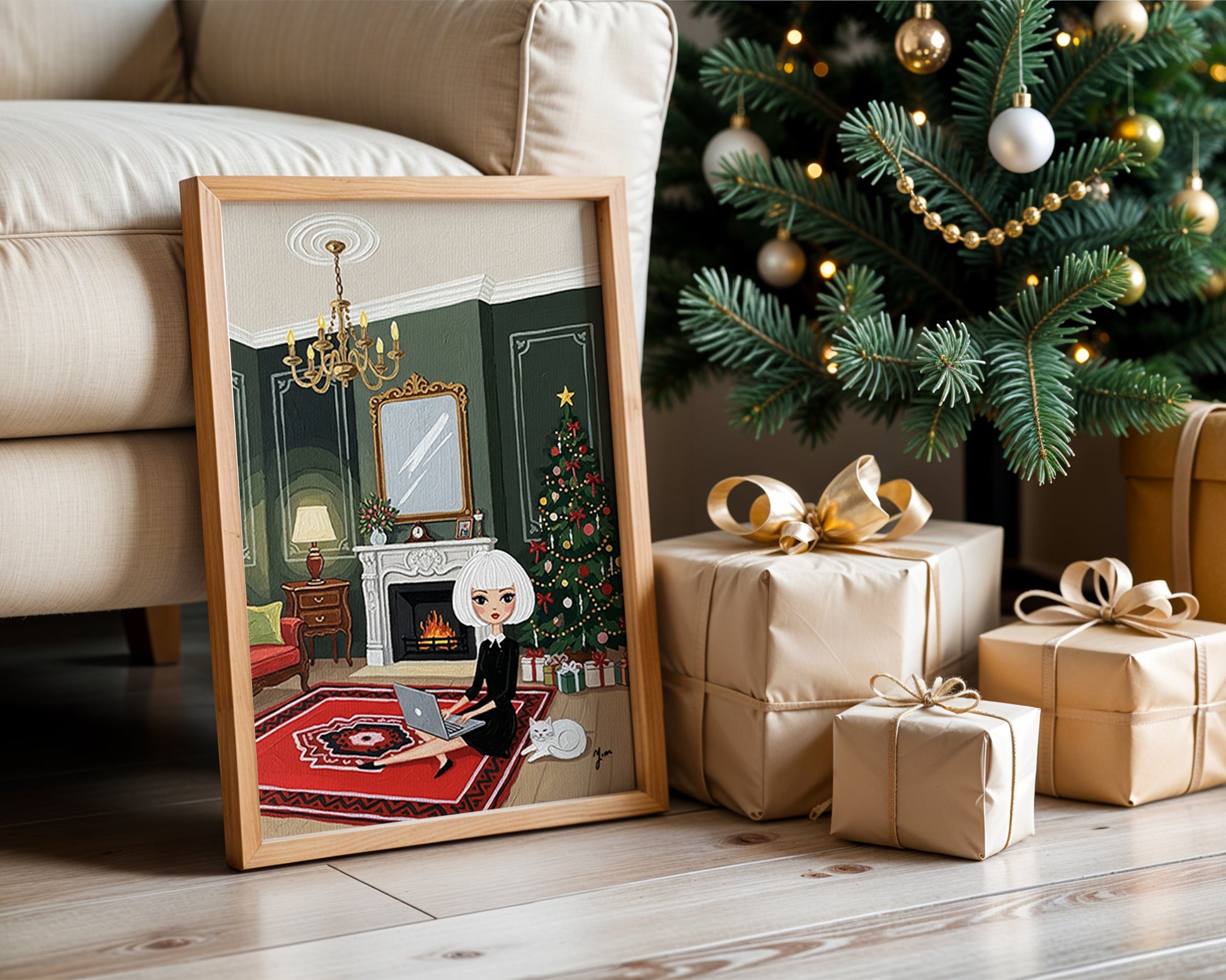 Illustration of a chic woman with short white hair sitting on a red rug using a laptop beside a fireplace, with a decorated Christmas tree and a white cat resting nearby in a cozy holiday interior.
