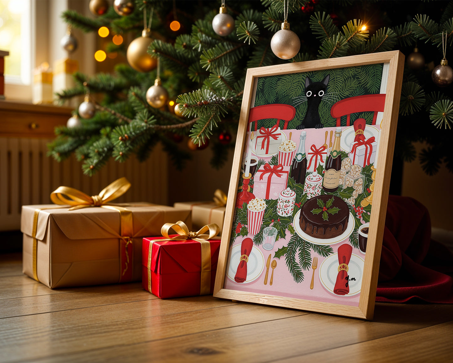 Whimsical Black Cat Christmas Dinner Party Art Print Festive Holiday Wall Decor Poster
