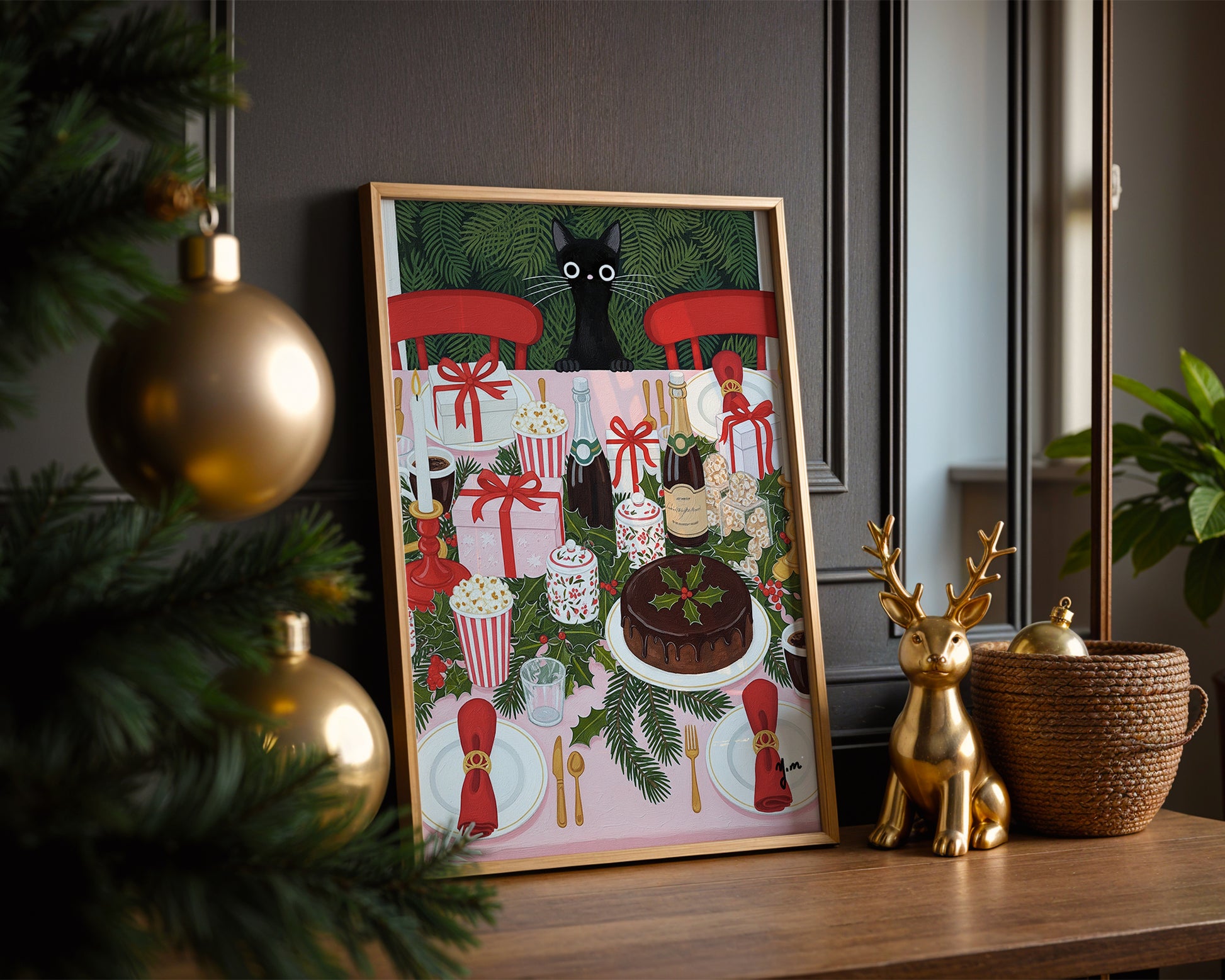  A vibrant and detailed art print depicting a black cat looking down from above onto a fully decorated Christmas dinner table. The table is set with red chairs white plates with red napkins silver cutlery bottles of champagne a chocolate cake with holly gifts candles and popcorn boxes all surrounded by green holly garlands.
