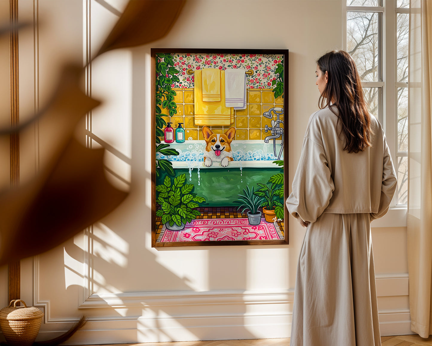 Corgi bubble bath illustration whimsical dog bathroom art cozy home decor by YunaMoona