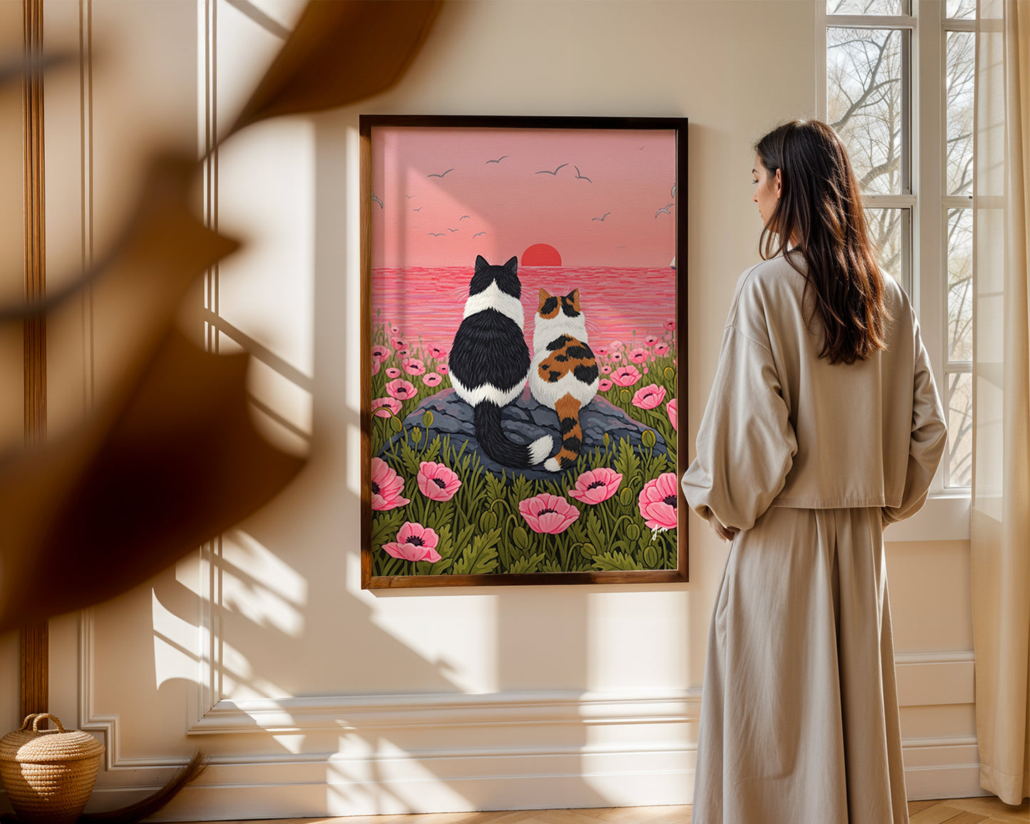 Cats Watching Sunset in Pink Flower Field by YunaMoona Cat Art Wall Decor Poster
