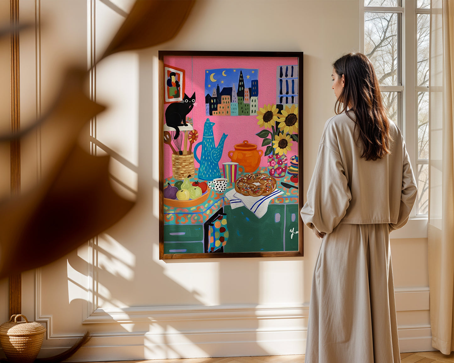 Colorful Whimsical Kitchen Art with Black Cat Sunflowers and Pastry by YunaMoona Poster