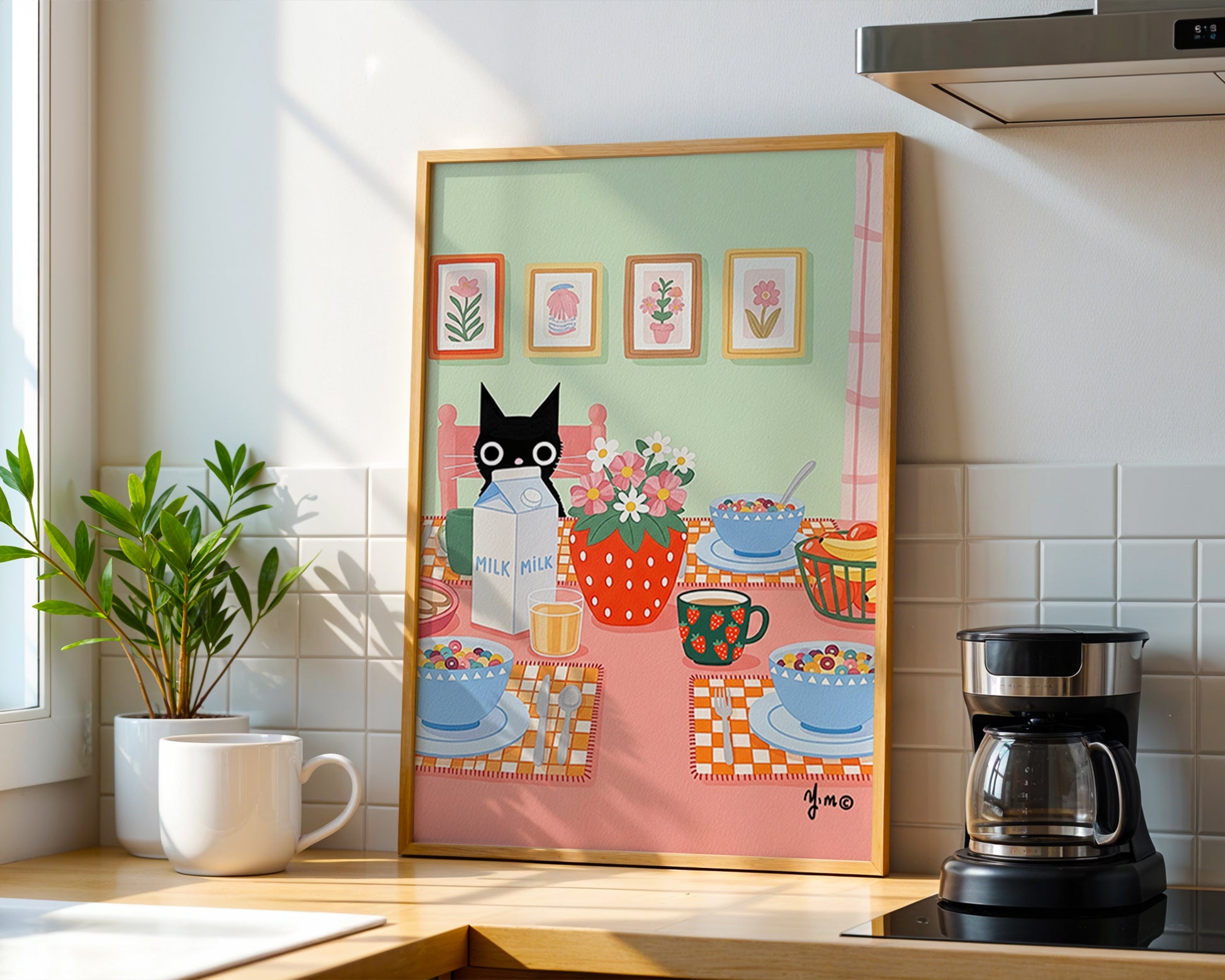 Delightful black cat kitchen art featuring colorful breakfast scene with cereal bowls, flowers, and cookies. Perfect whimsical decor for cozy homes.