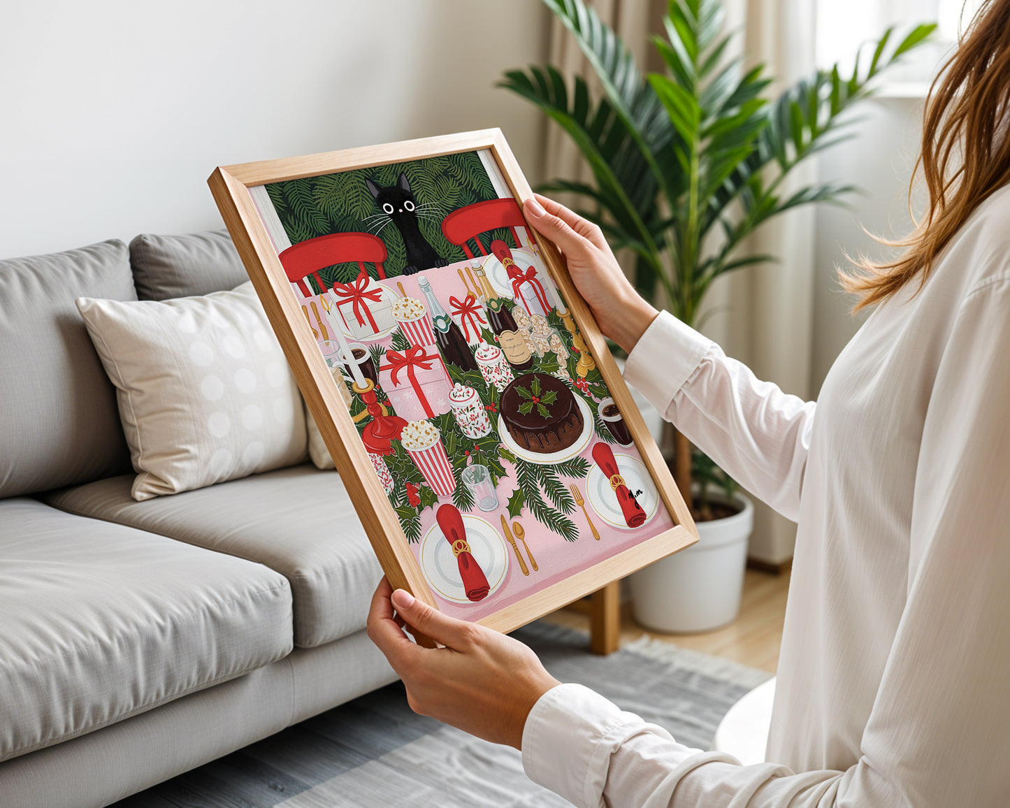 Whimsical Black Cat Christmas Dinner Party Art Print Festive Holiday Wall Decor Poster