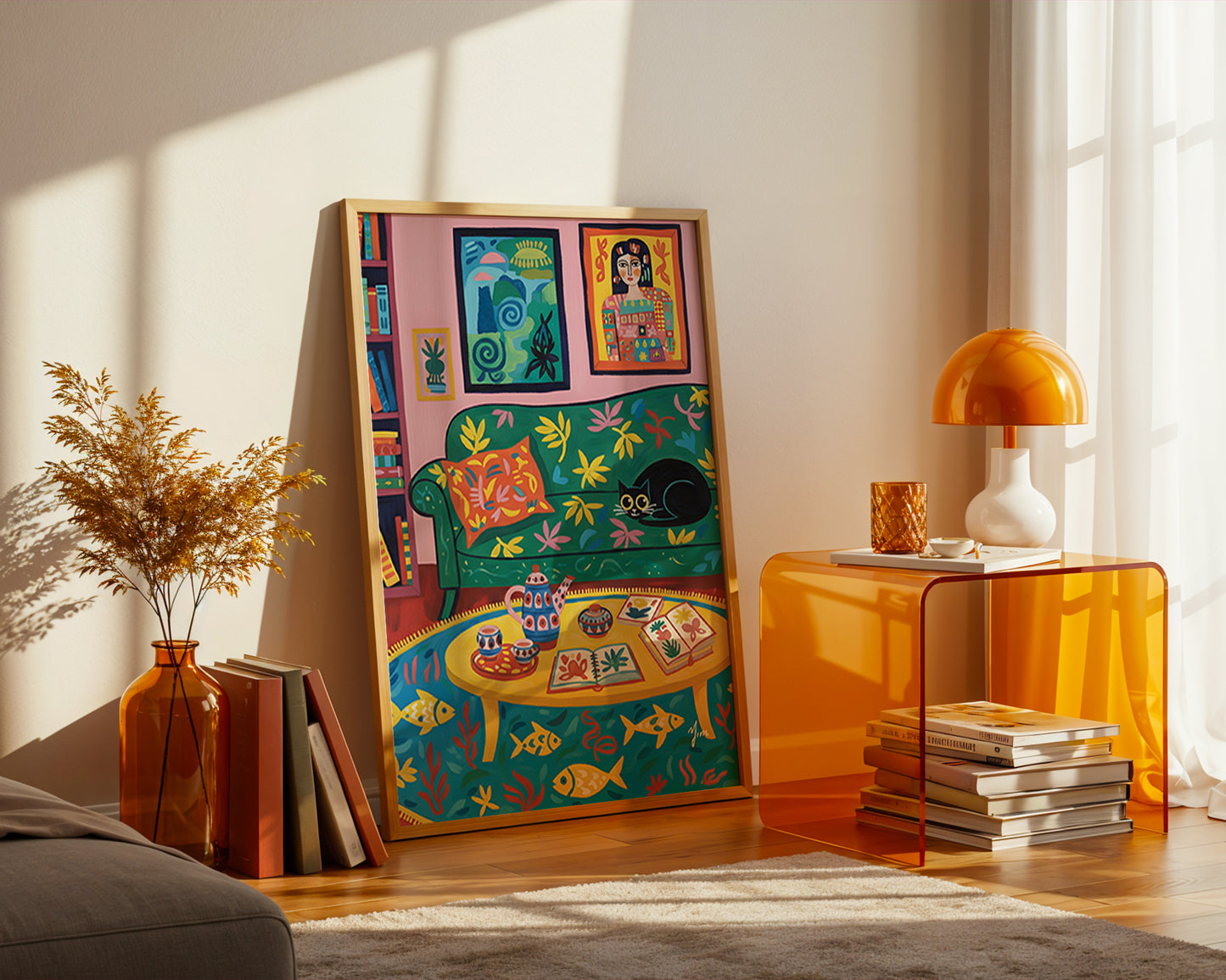 Colorful cozy living room art print with black cat whimsical bookshelf illustration vibrant home decor wall art poster