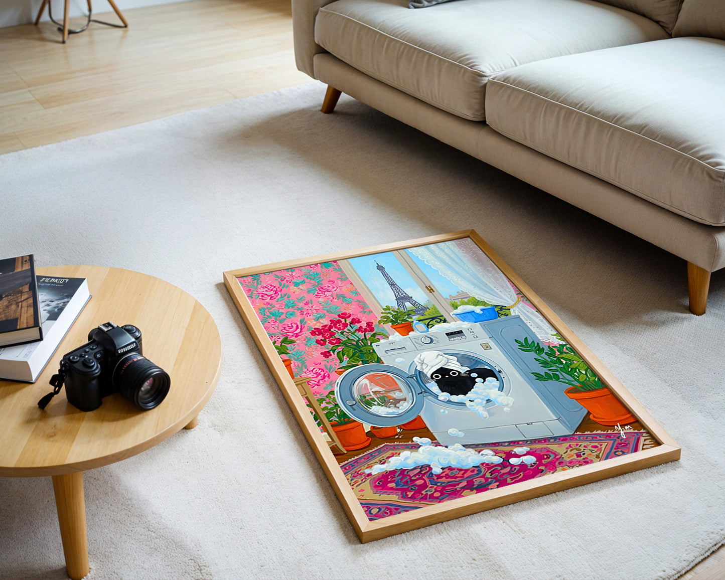Whimsical Paris Laundry Room Art with Black Cat in Washing Machine by YunaMoona Poster