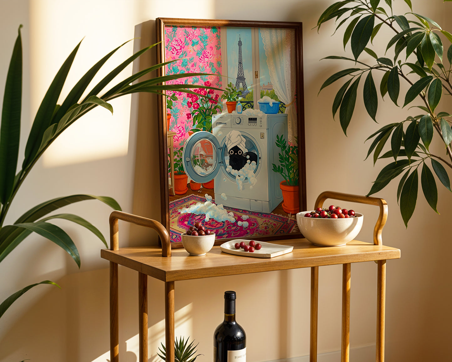 Whimsical Paris Laundry Room Art with Black Cat in Washing Machine by YunaMoona Poster