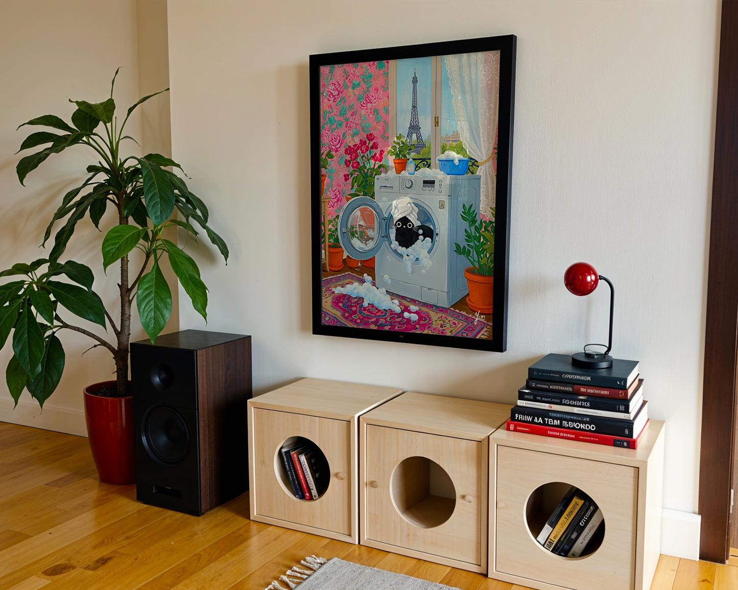 Whimsical Paris Laundry Room Art with Black Cat in Washing Machine by YunaMoona Poster