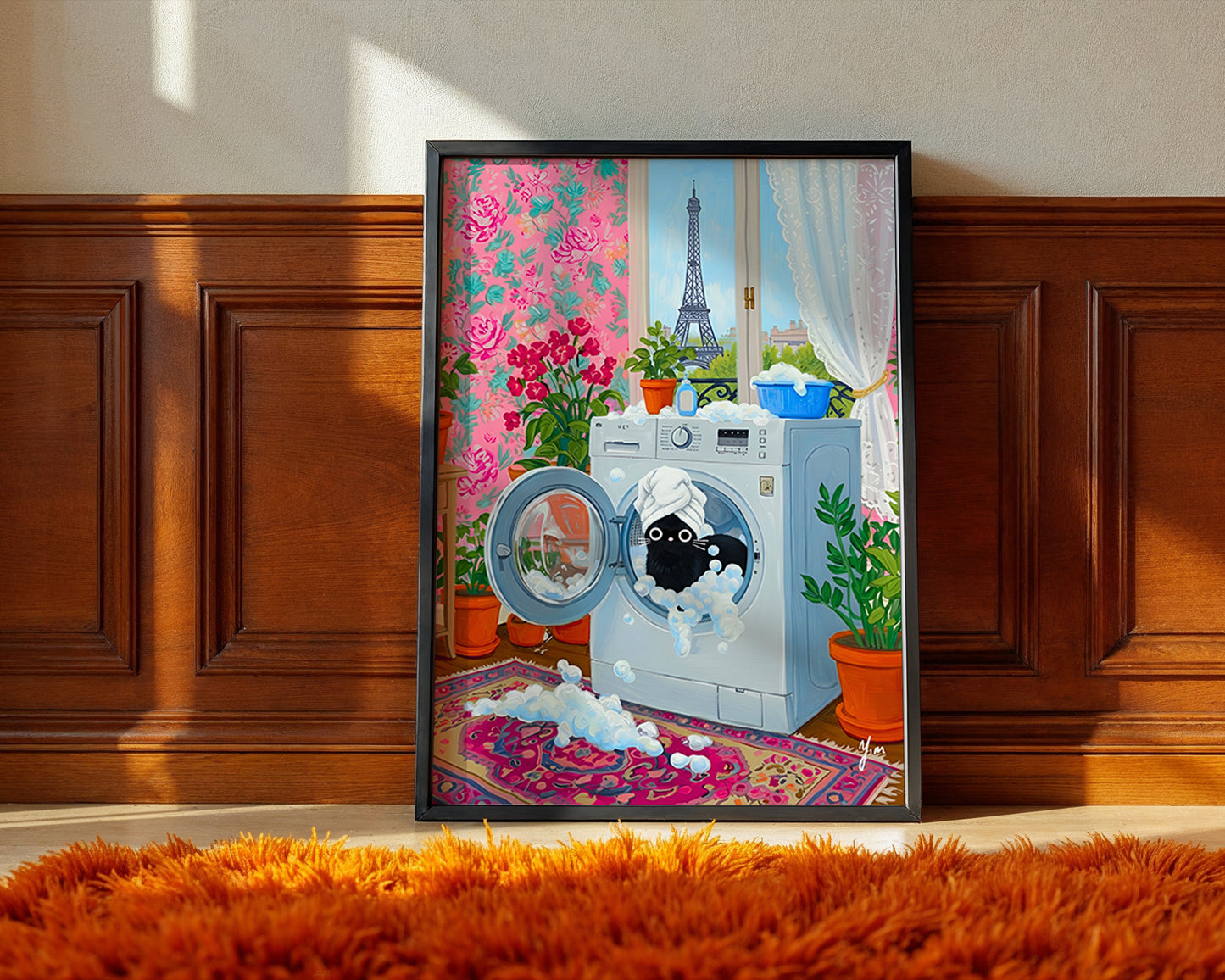 Whimsical Paris Laundry Room Art with Black Cat in Washing Machine by YunaMoona Poster