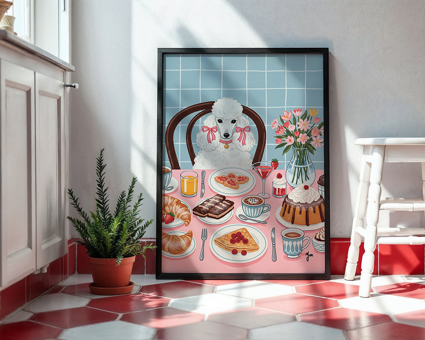 Cute white poodle sitting at dining table waiting for food, dog lover wall art print for home decor.