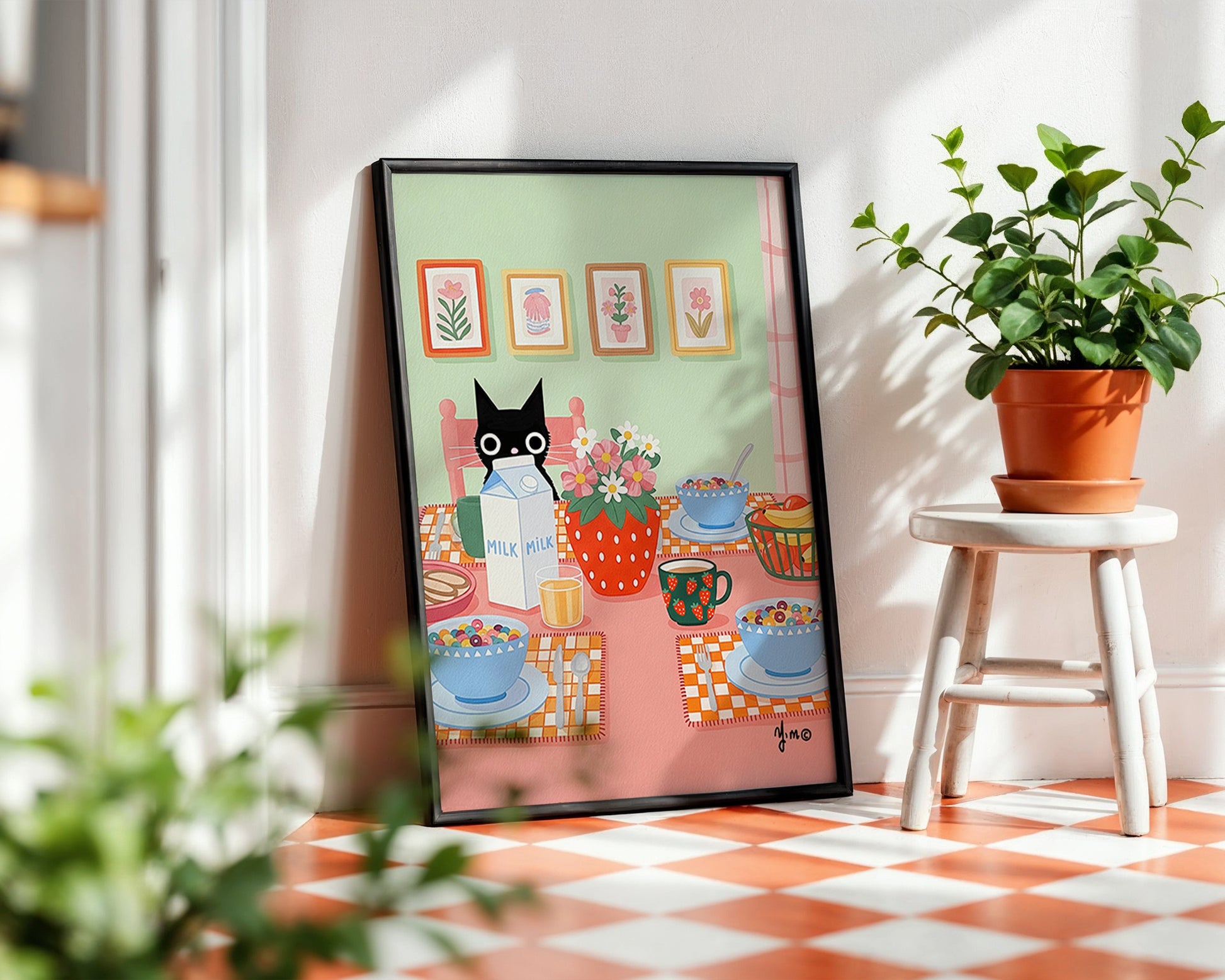 Delightful black cat kitchen art featuring colorful breakfast scene with cereal bowls, flowers, and cookies. Perfect whimsical decor for cozy homes.