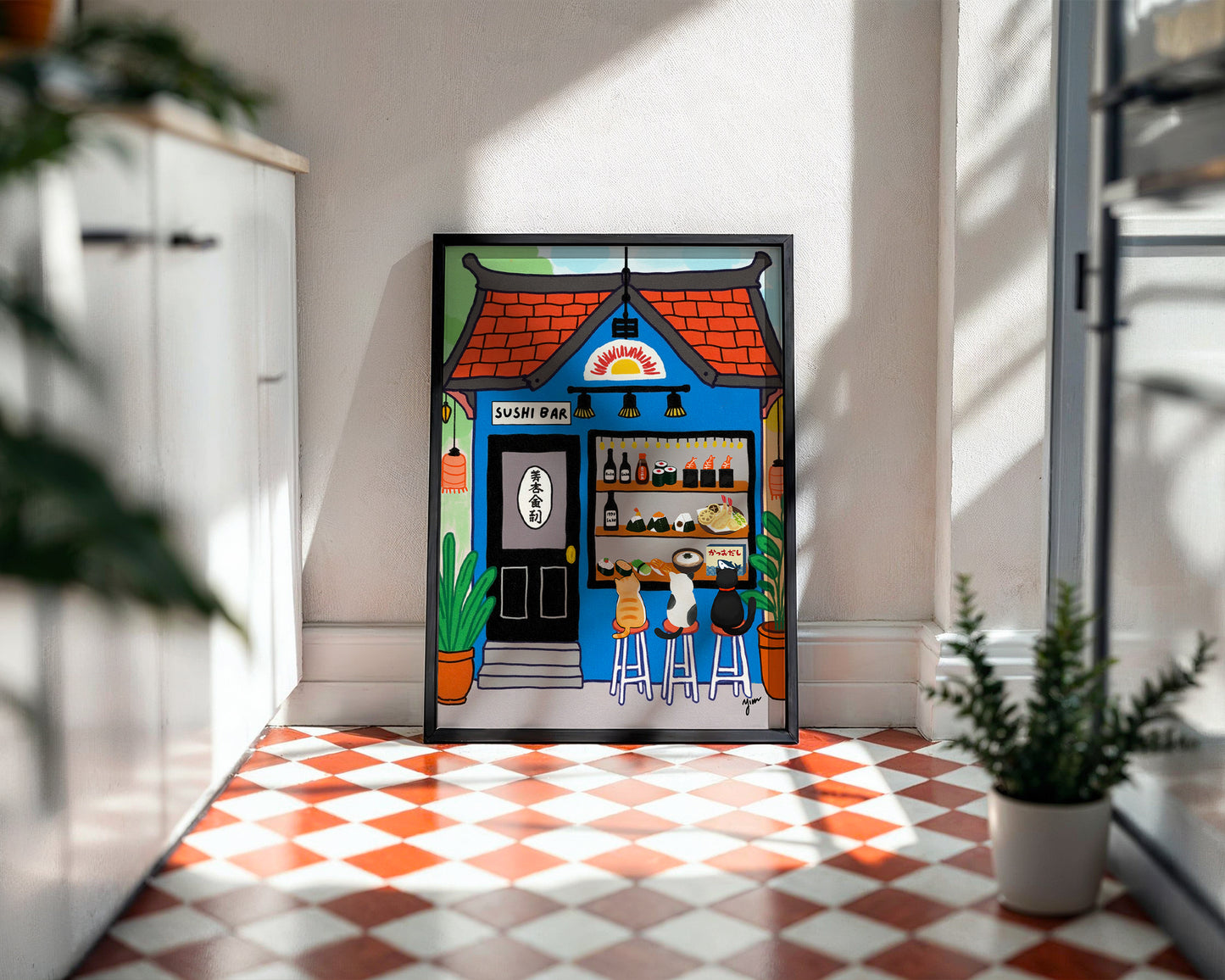 Whimsical Sushi Bar Cats Wall Art Illustration Japanese Restaurant Cat Decor Poster by YunaMoona