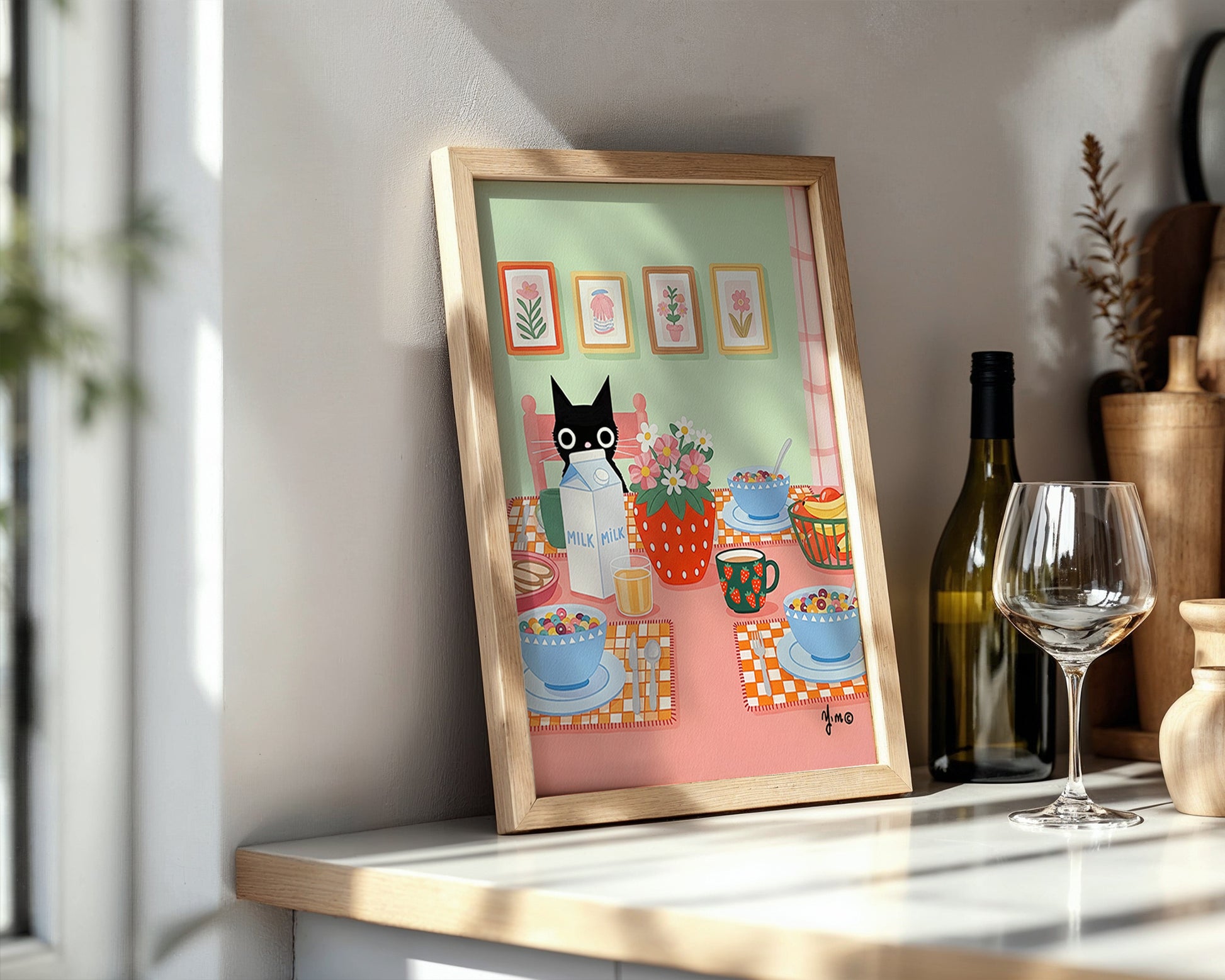 Delightful black cat kitchen art featuring colorful breakfast scene with cereal bowls, flowers, and cookies. Perfect whimsical decor for cozy homes.