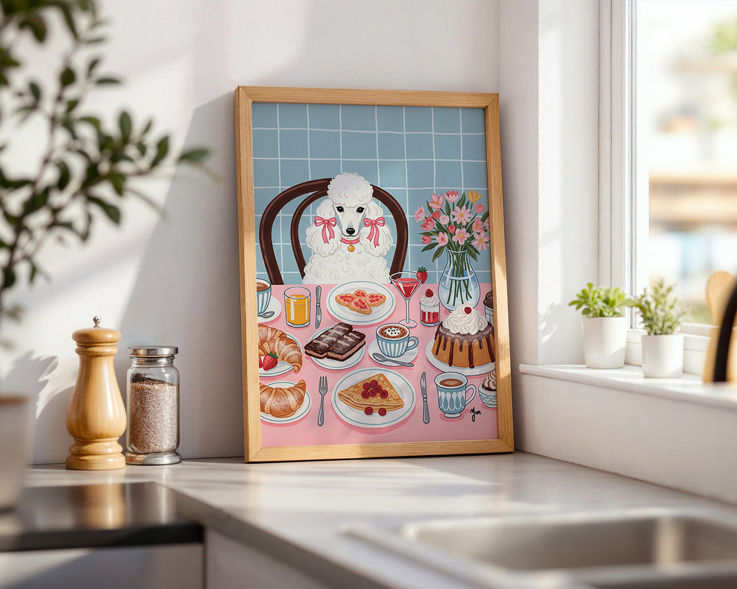 Cute White Poodle Wall Art Waiting for Food | Dog Lover Home Decor Gift | Pet Illustration Print