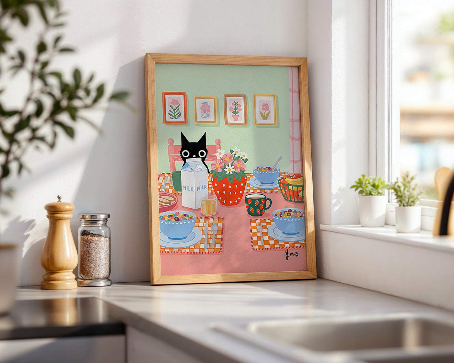 Delightful black cat kitchen art featuring colorful breakfast scene with cereal bowls, flowers, and cookies. Perfect whimsical decor for cozy homes.