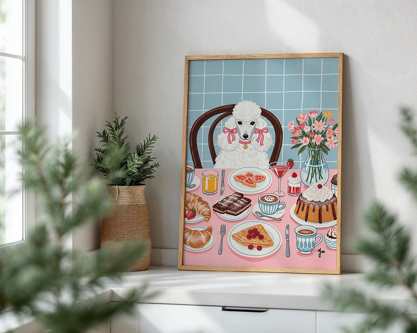 Cute White Poodle Wall Art Waiting for Food | Dog Lover Home Decor Gift | Pet Illustration Print