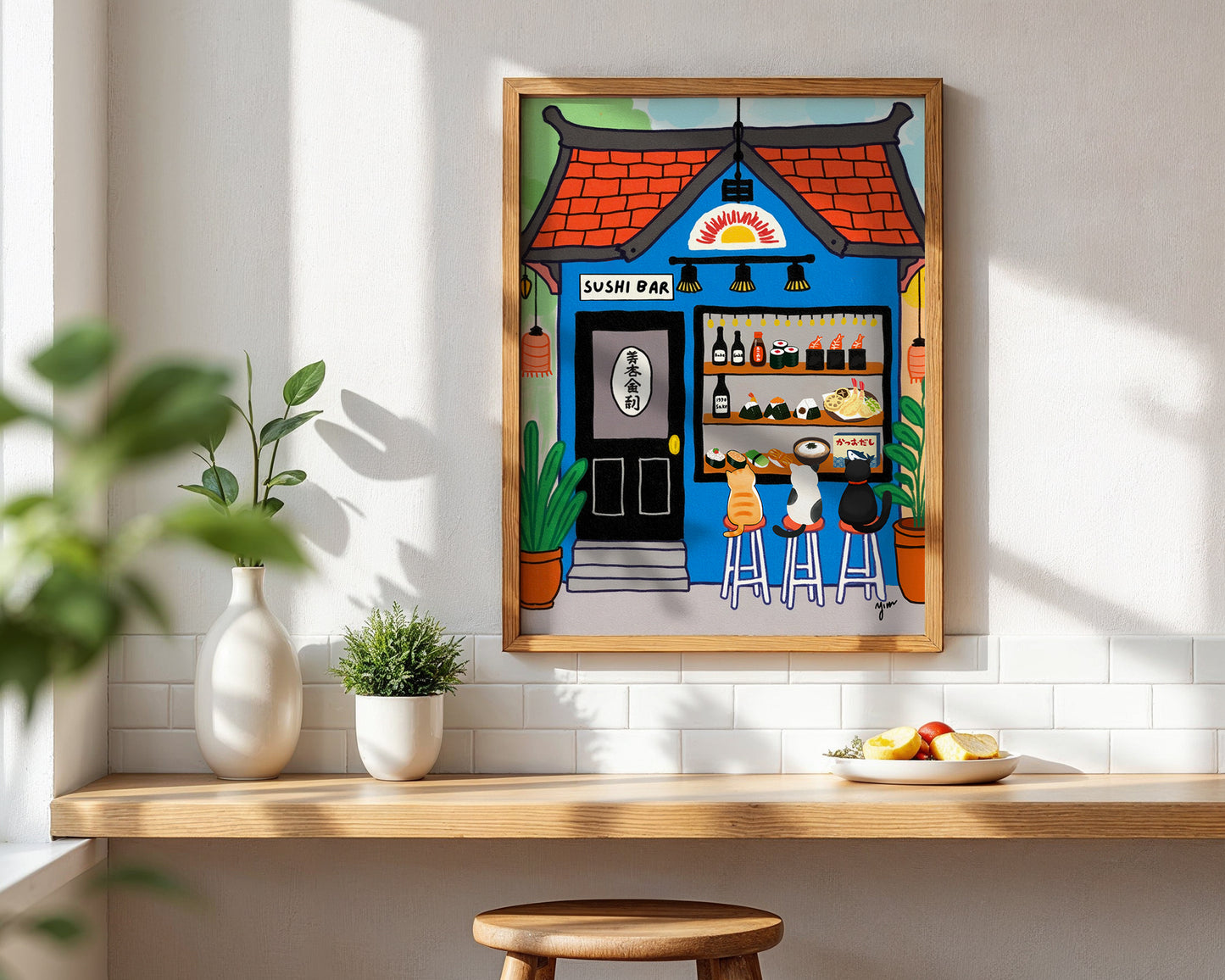 Whimsical Sushi Bar Cats Wall Art Illustration Japanese Restaurant Cat Decor Poster by YunaMoona