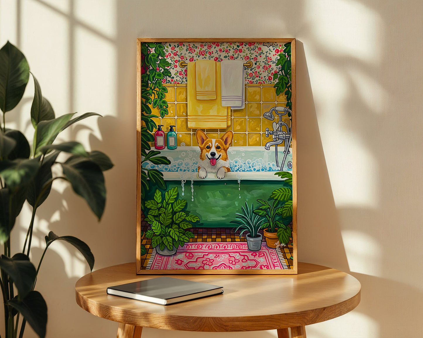 Corgi bubble bath illustration whimsical dog bathroom art cozy home decor by YunaMoona