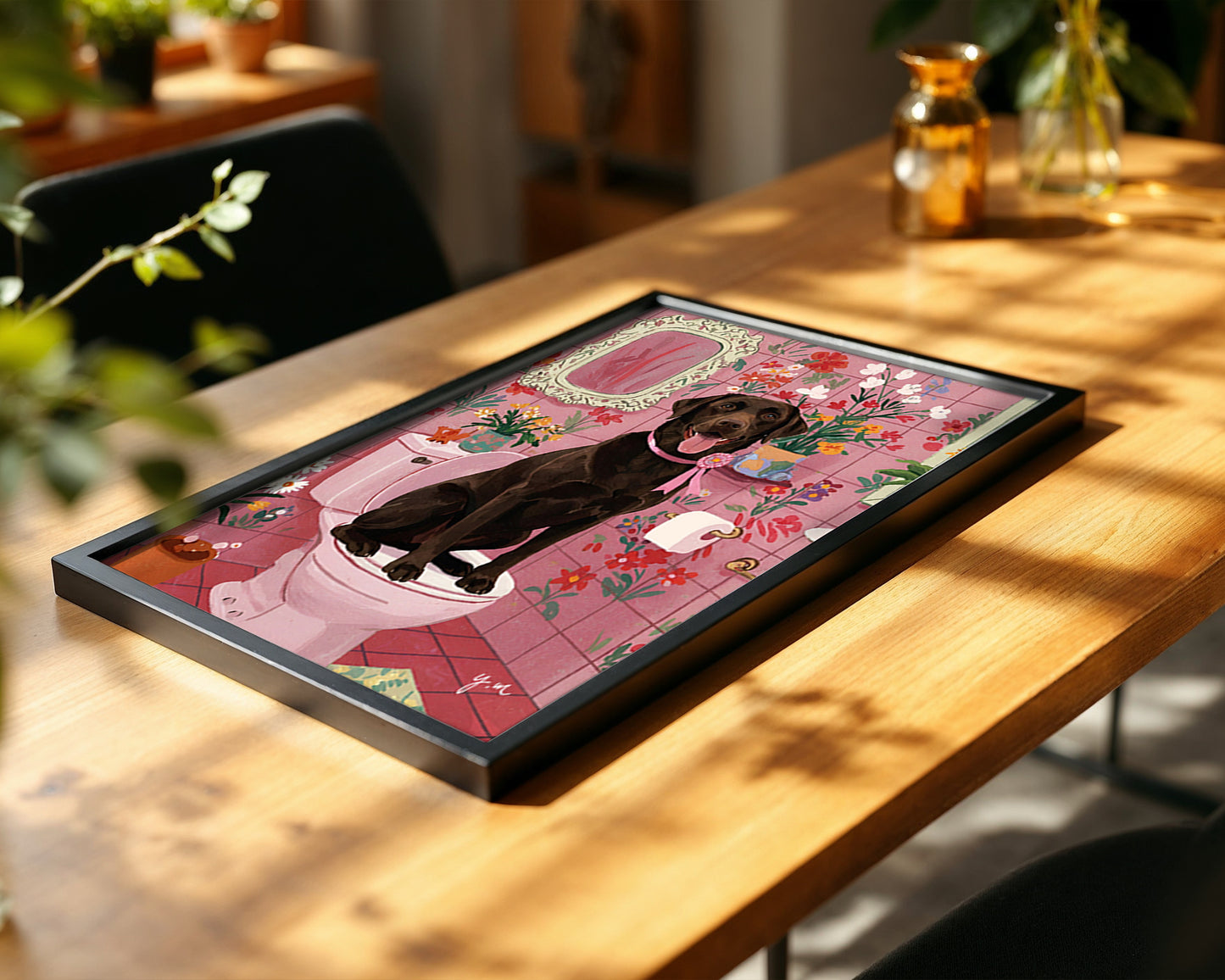 Whimsical chocolate lab bathroom art print pink floral illustration funny dog artwork home decor wall art Poster
