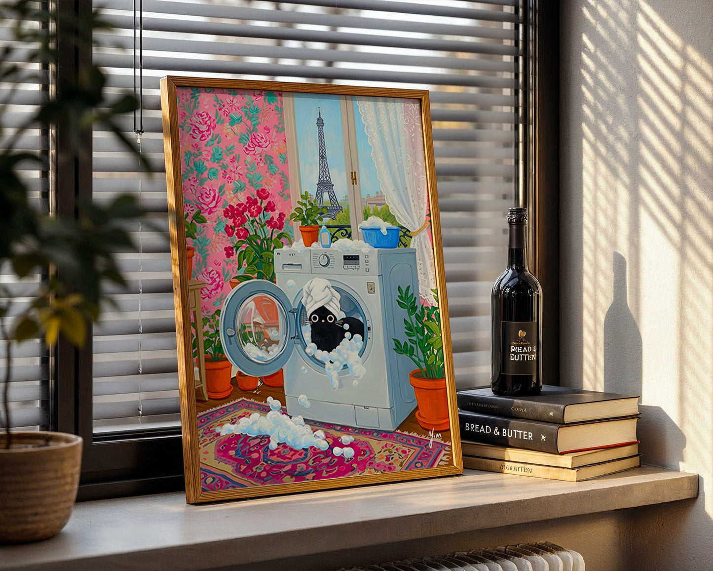 Whimsical Paris Laundry Room Art with Black Cat in Washing Machine by YunaMoona Poster