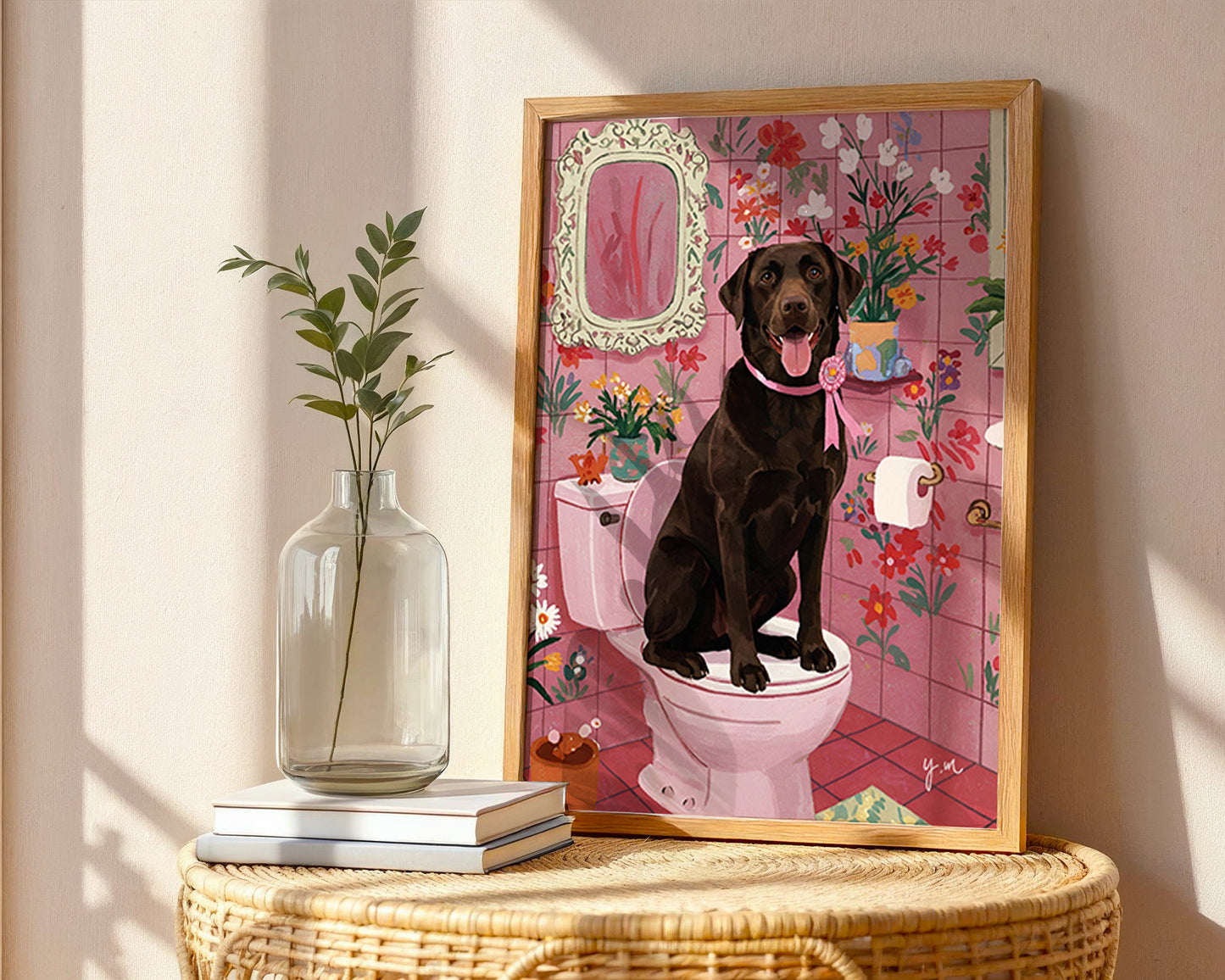 Whimsical chocolate lab bathroom art print pink floral illustration funny dog artwork home decor wall art Poster